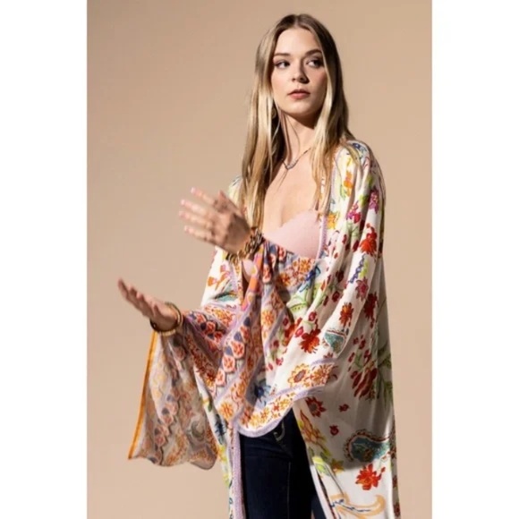 Colorful Vibrant Delphi Floral Paisley Open Wrap Duster Kimono Top One Size - Picture 7 of 9